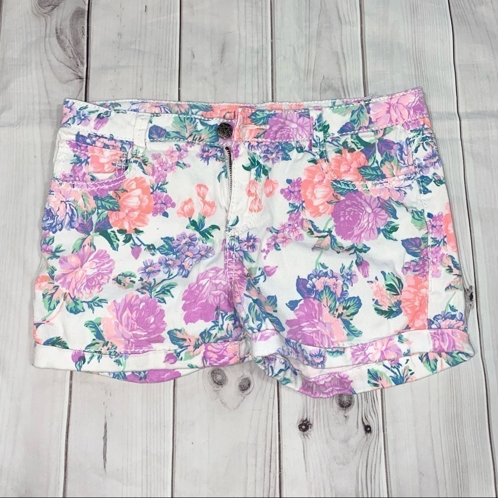 Girls XL White and Neon Floral Jean Shorts
